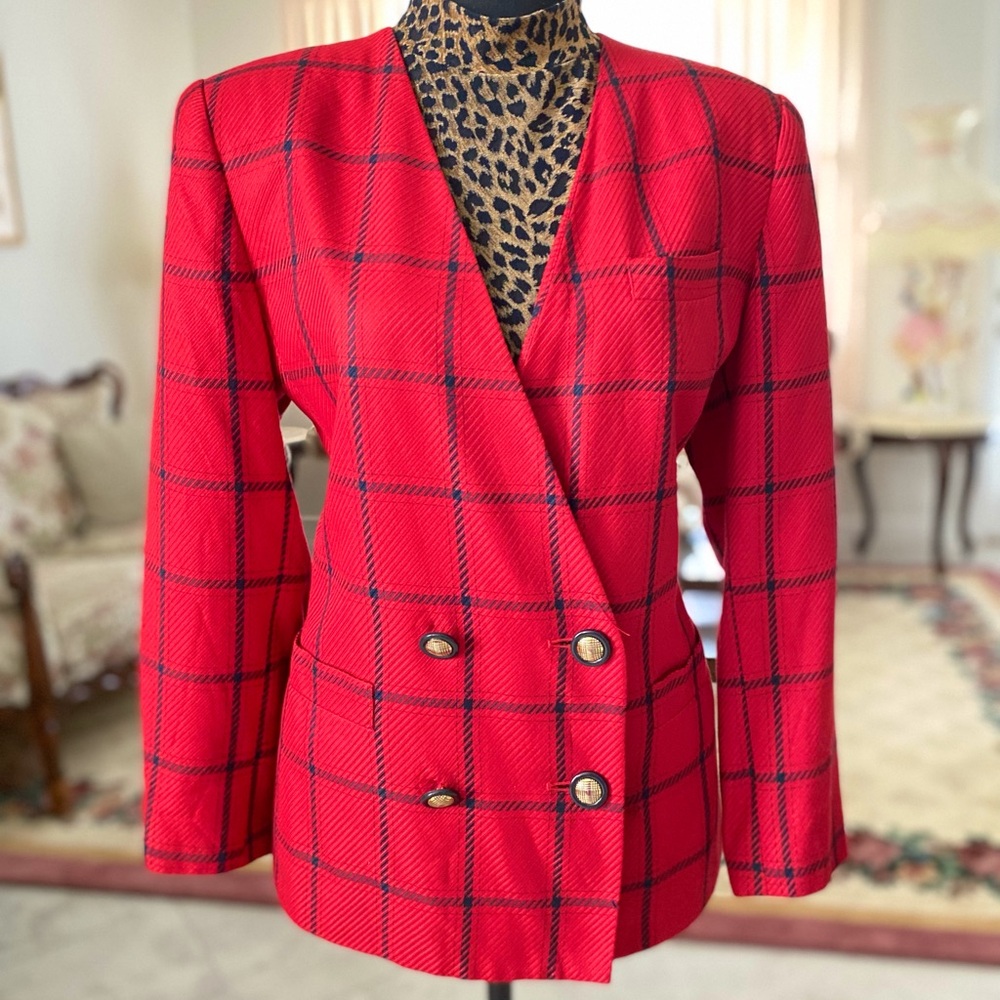 Classic Red Windowpane Double-Breasted Blazer - image 3
